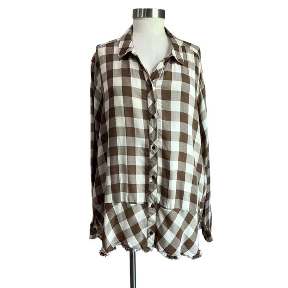 Democracy Long Sleeve Brown & White Plaid Button Down Size 2X - Picture 1 of 8